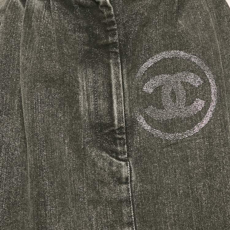 Pre Owned Chanel Grey logo Applique Lurex Denim No5 Mini Skirt S
