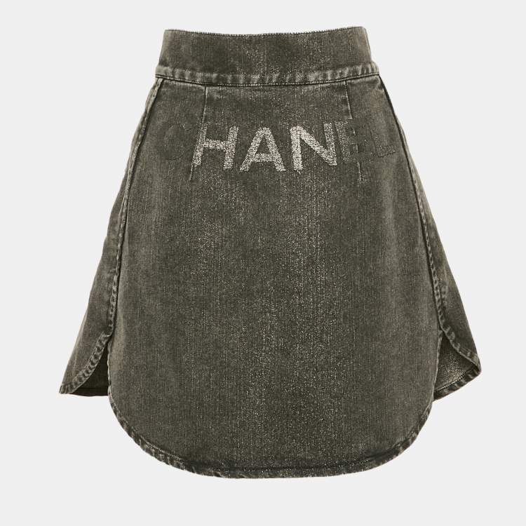 Pre Owned Chanel Grey logo Applique Lurex Denim No5 Mini Skirt S