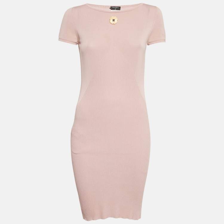 Pre Owned Chanel Light Pink Knit Bodycon Dress S