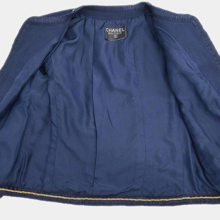 Pre Owned Chanel Navy Blue Collarless Jacket Skirt Suit Set Size 38
