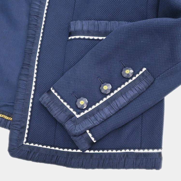 Pre Owned Chanel Navy Blue Collarless Jacket Skirt Suit Set Size 38