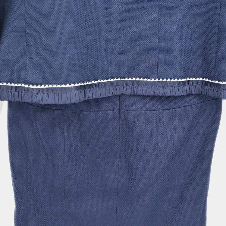 Pre Owned Chanel Navy Blue Collarless Jacket Skirt Suit Set Size 38