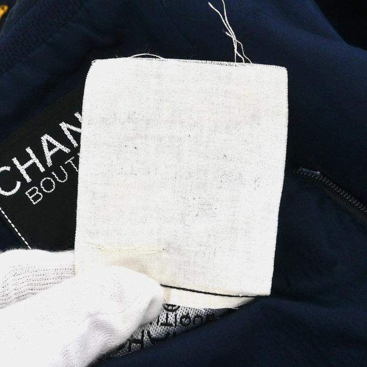Pre Owned Chanel Navy Blue Collarless Jacket Skirt Suit Set Size 38