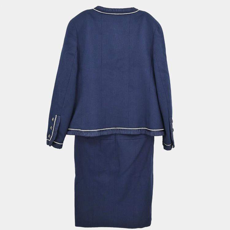 Pre Owned Chanel Navy Blue Collarless Jacket Skirt Suit Set Size 38