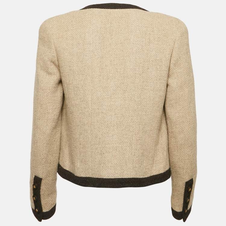 Pre Owned Chanel Beige Wool Contrast Detail Open Front Jacket M