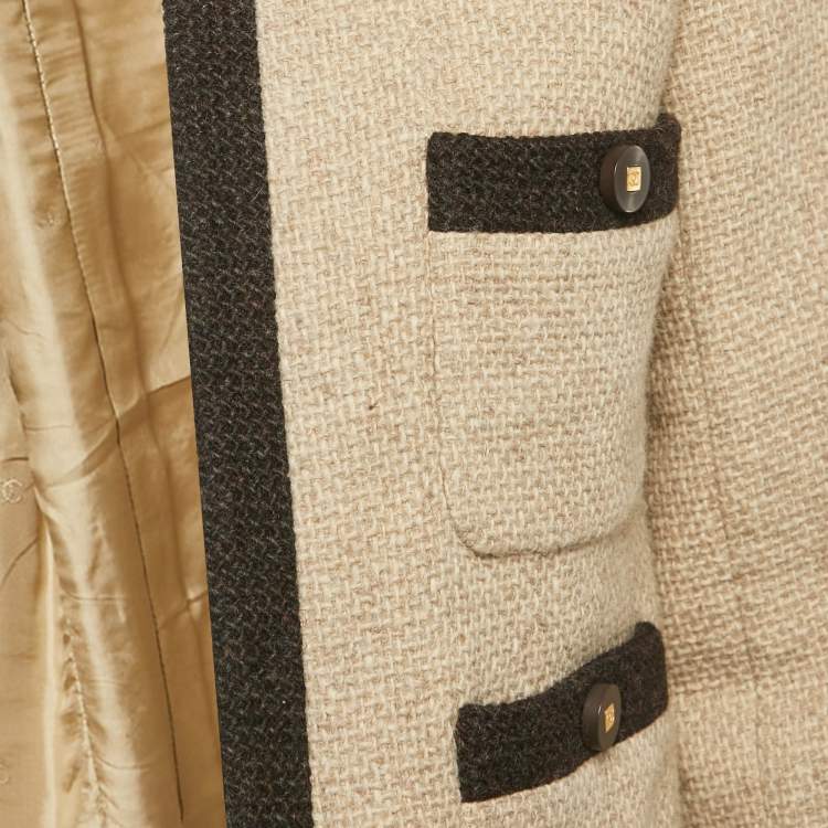 Pre Owned Chanel Beige Wool Contrast Detail Open Front Jacket M