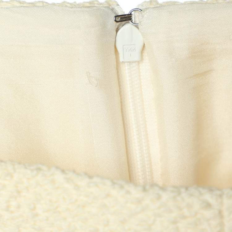 Pre Owned Chanel Cream Tweed Pearl Embellished Midi Skirt M