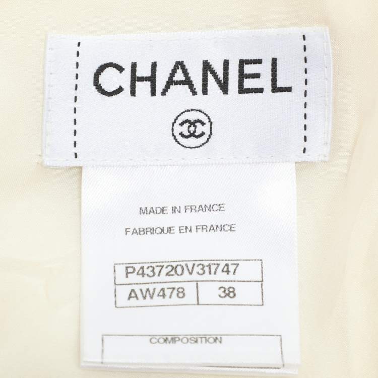 Pre Owned Chanel Cream Tweed Pearl Embellished Midi Skirt M