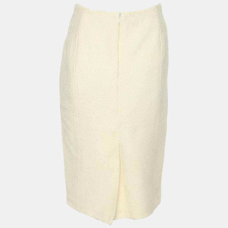 Pre Owned Chanel Cream Tweed Pearl Embellished Midi Skirt M