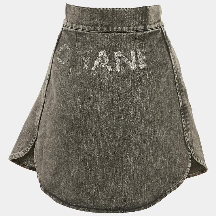 Pre Owned Chanel Grey Logo Applique Denim Skirt S