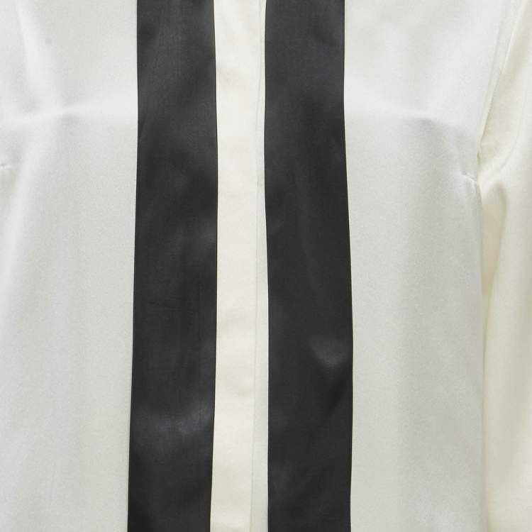 Pre Owned Chanel Ivory Satin Silk Tie-Up Neck Detail Shirt L