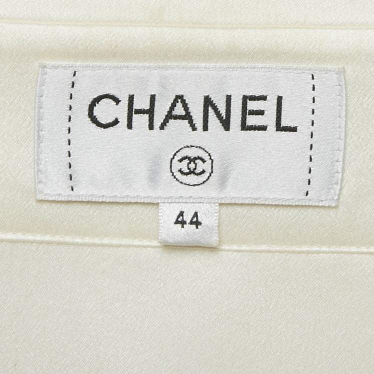 Pre Owned Chanel Ivory Satin Silk Tie-Up Neck Detail Shirt L