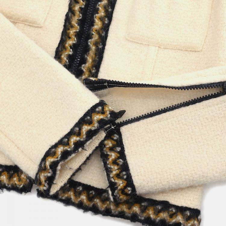 Pre Owned Chanel White Wool Zip Up Jacket Women Size 38