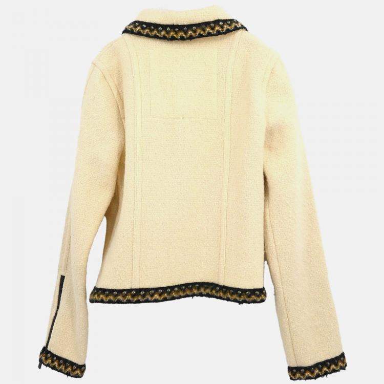 Pre Owned Chanel White Wool Zip Up Jacket Women Size 38