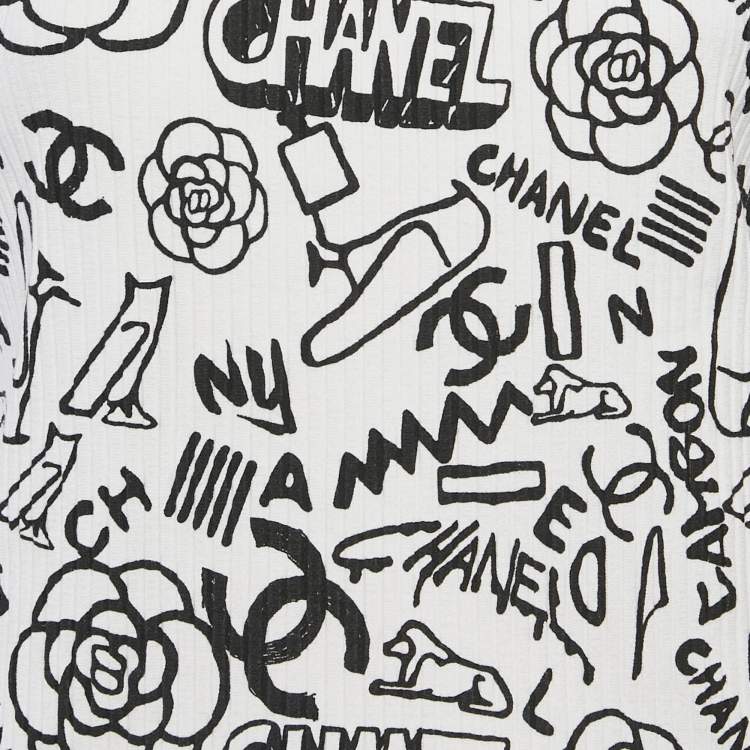 Pre Owned Chanel White Print Stretch Knit Top M