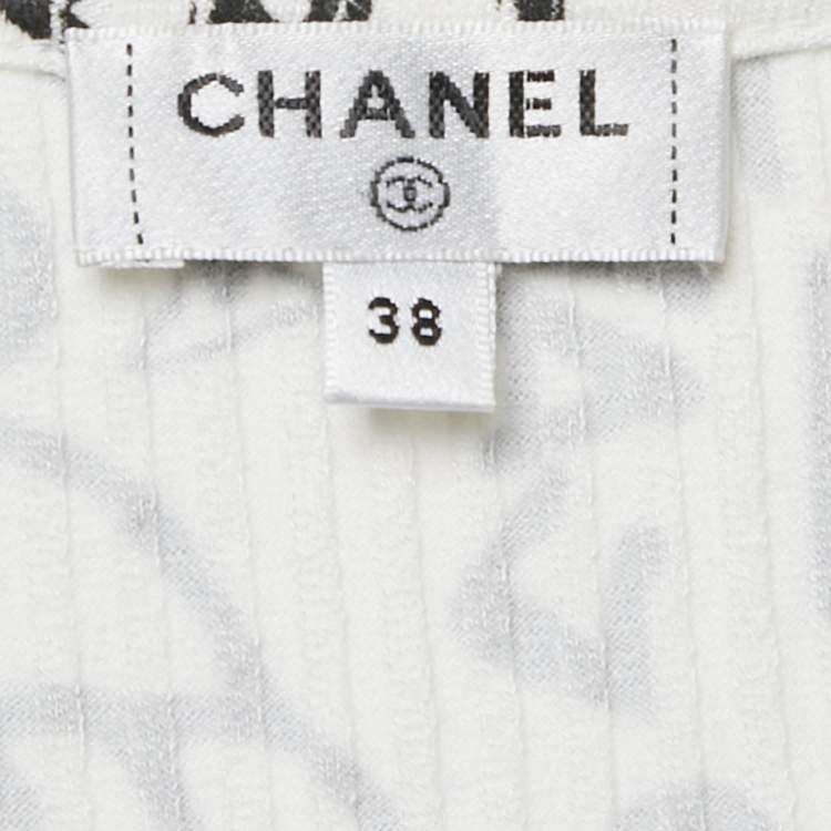 Pre Owned Chanel White Print Stretch Knit Top M