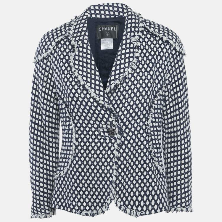 Pre Owned Chanel Navy Blue Tweed Fringed Button Front Jacket M