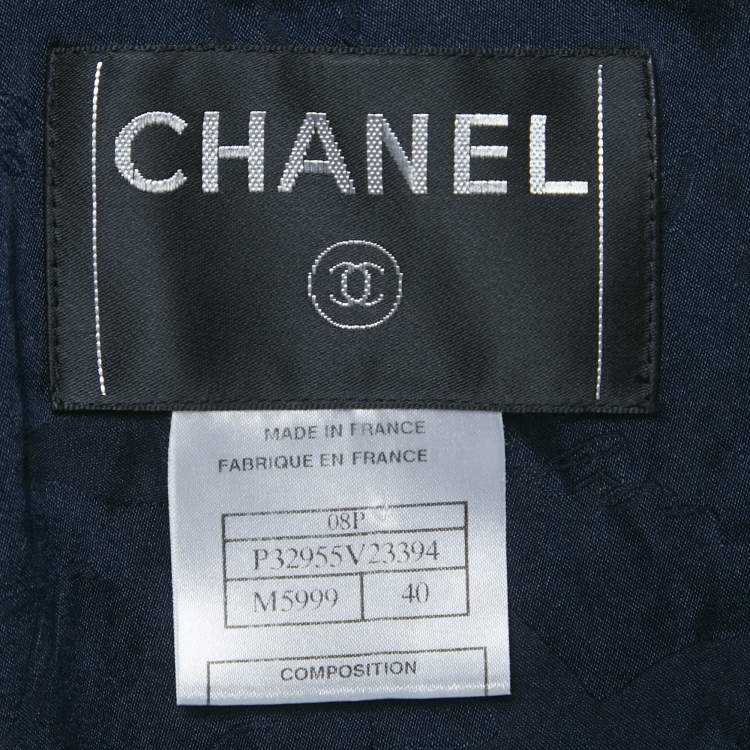 Pre Owned Chanel Navy Blue Tweed Fringed Button Front Jacket M