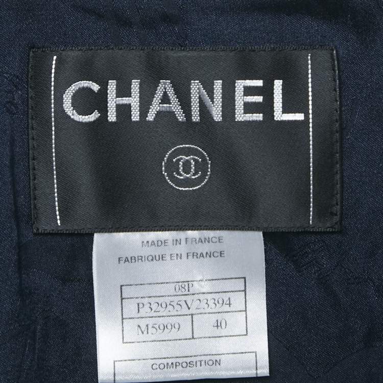 Pre Owned Chanel Navy Blue Tweed Fringed Button Front Jacket M