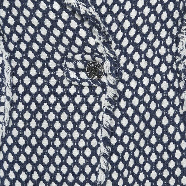 Pre Owned Chanel Navy Blue Tweed Fringed Button Front Jacket M