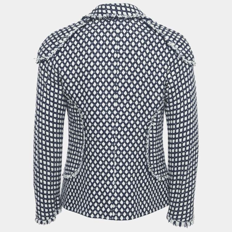 Pre Owned Chanel Navy Blue Tweed Fringed Button Front Jacket M