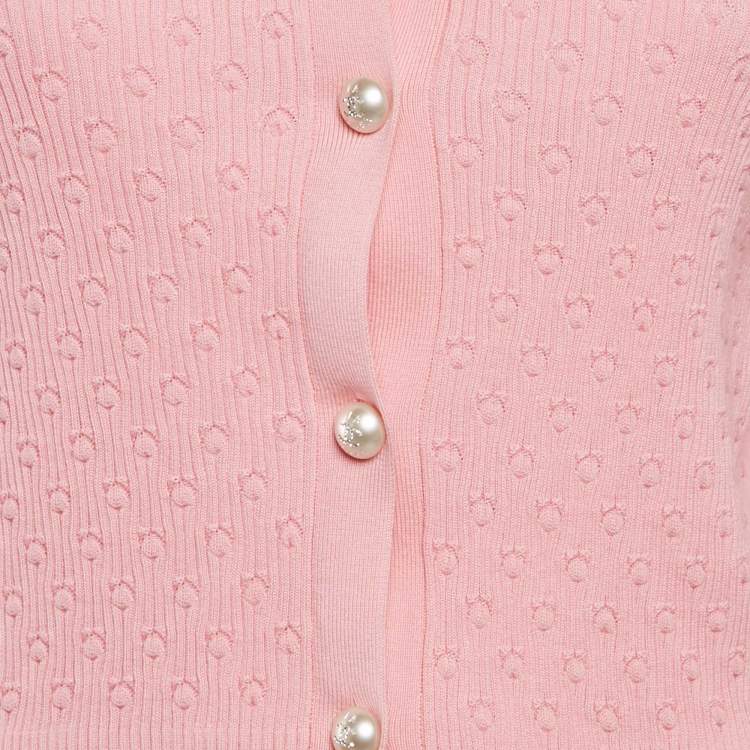 مملوكة مسبقًا Chanel Pink Rib Knit La Pause Pearl Cardigan M