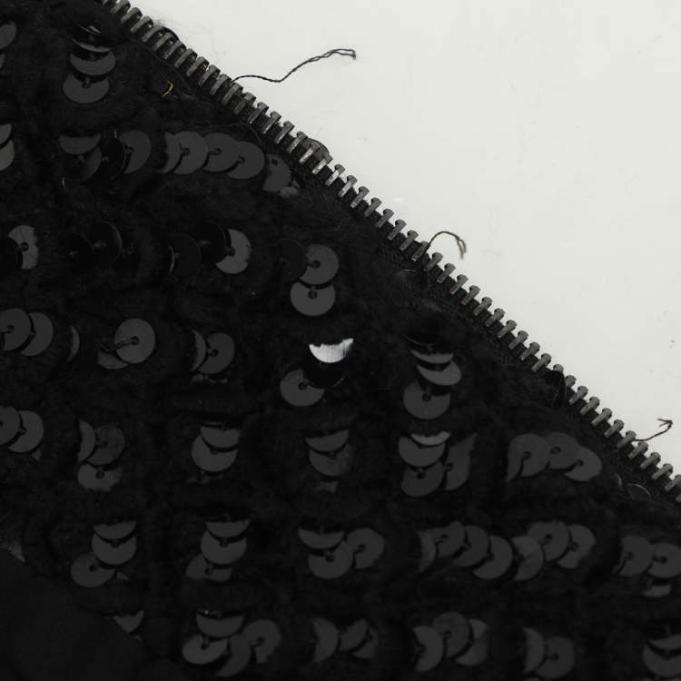 Pre Owned Chanel Black Sequin Tweed Camelia Coat M