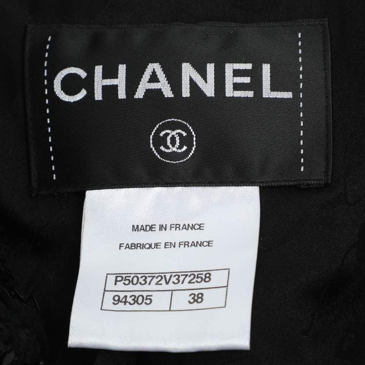 Pre Owned Chanel Black Sequin Tweed Camelia Coat M