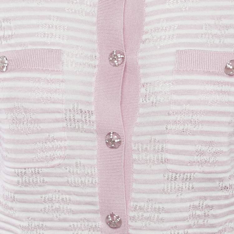 Pre Owned Chanel Pink Stripe Patterned Knit Button Front Cardigan S