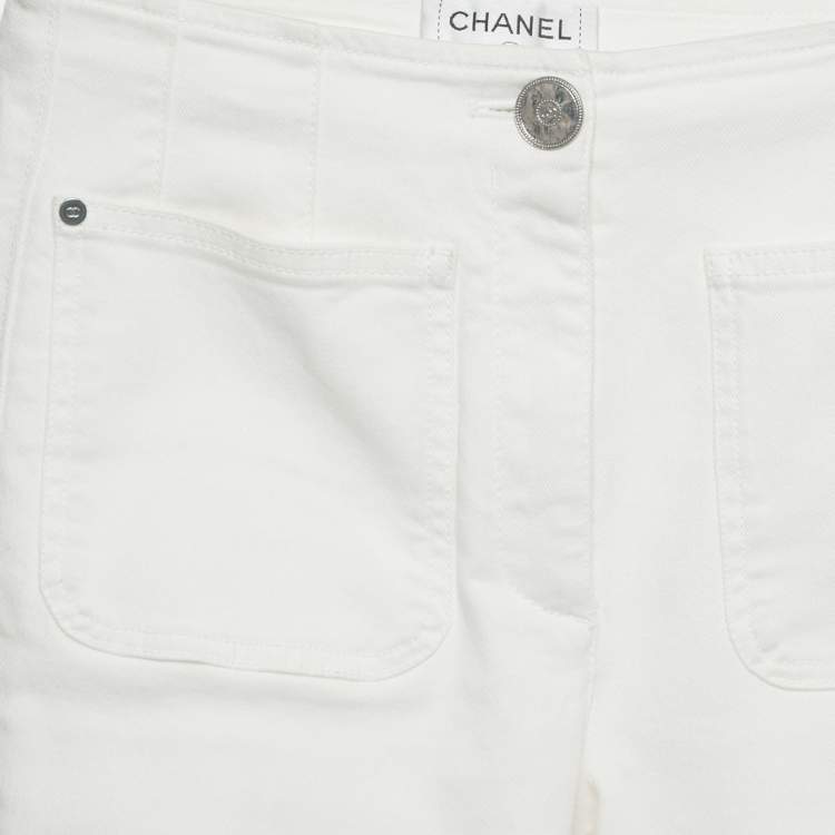 Pre Owned Chanel White Floral Embroidery Cotton Drill Pants S