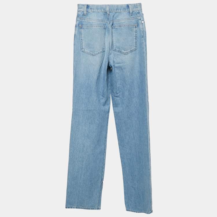 Pre Owned Chanel Blue Floral Floral Cut-Work Denim Straight Leg High Rise Jeans Waist 24" S