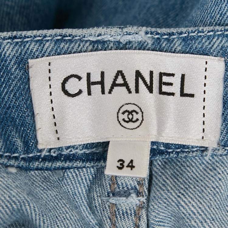 Pre Owned Chanel Blue Floral Floral Cut-Work Denim Straight Leg High Rise Jeans Waist 24" S