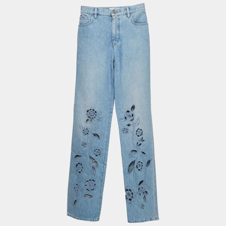 Pre Owned Chanel Blue Floral Floral Cut-Work Denim Straight Leg High Rise Jeans Waist 24" S