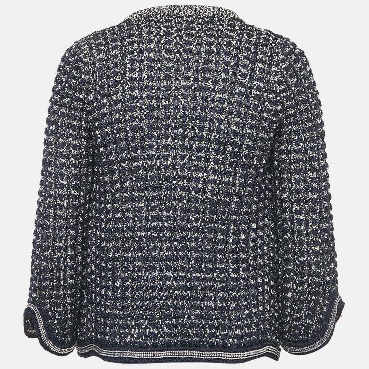 Pre Owned Chanel Navy Blue Crochet Knit Neck Chain Detail Cardigan S