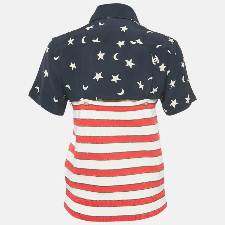 Pre Owned Chanel Navy Blue/Red Printed Silk and Knit Top M