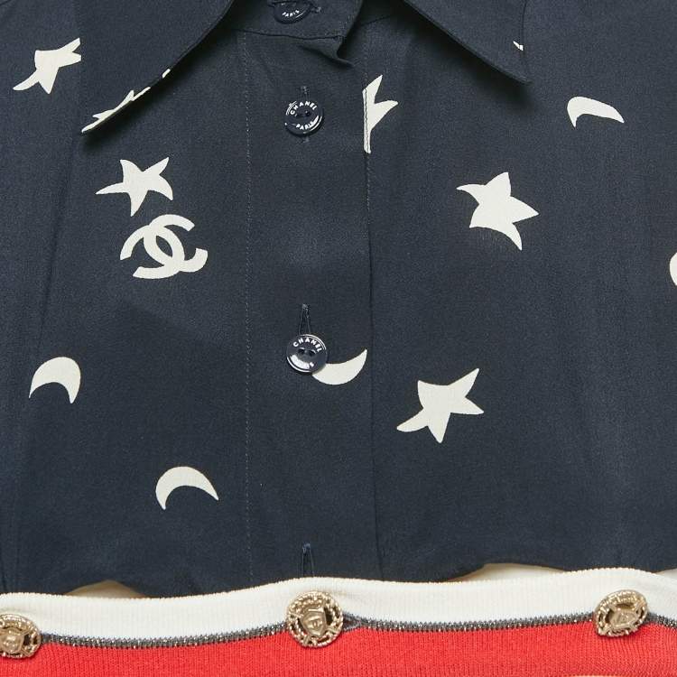 Pre Owned Chanel Navy Blue/Red Printed Silk and Knit Top M