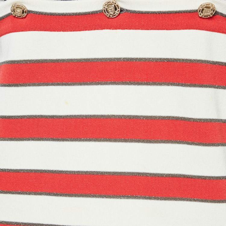 Pre Owned Chanel Navy Blue/Red Printed Silk and Knit Top M