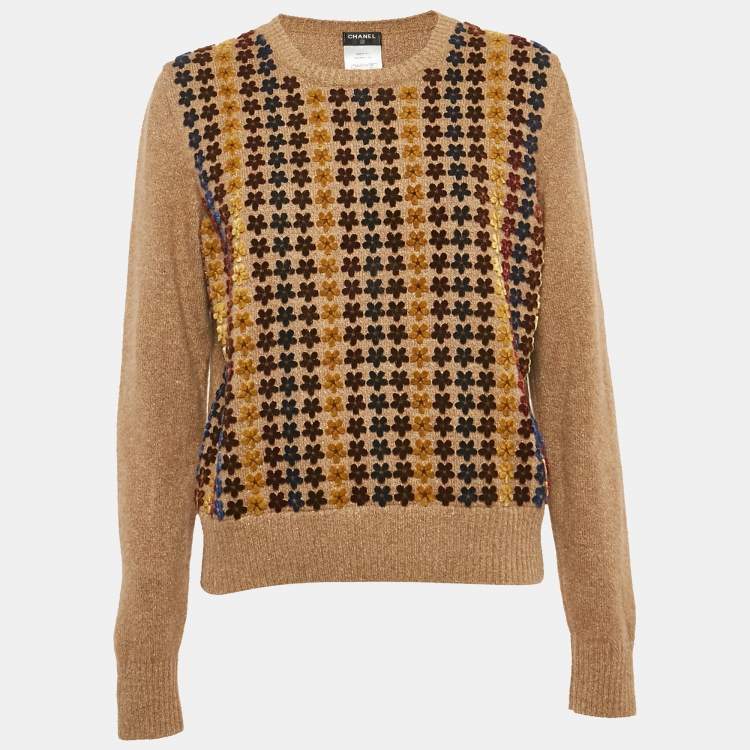 Pre Owned Chanel Brown Wool/Cashmere Floral Long Sleeve Sweater M