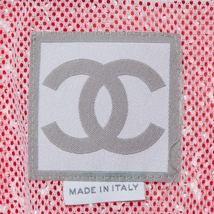 Pre Owned Chanel White Terry & Red Sequin Embbellished Zip Front Jacket S