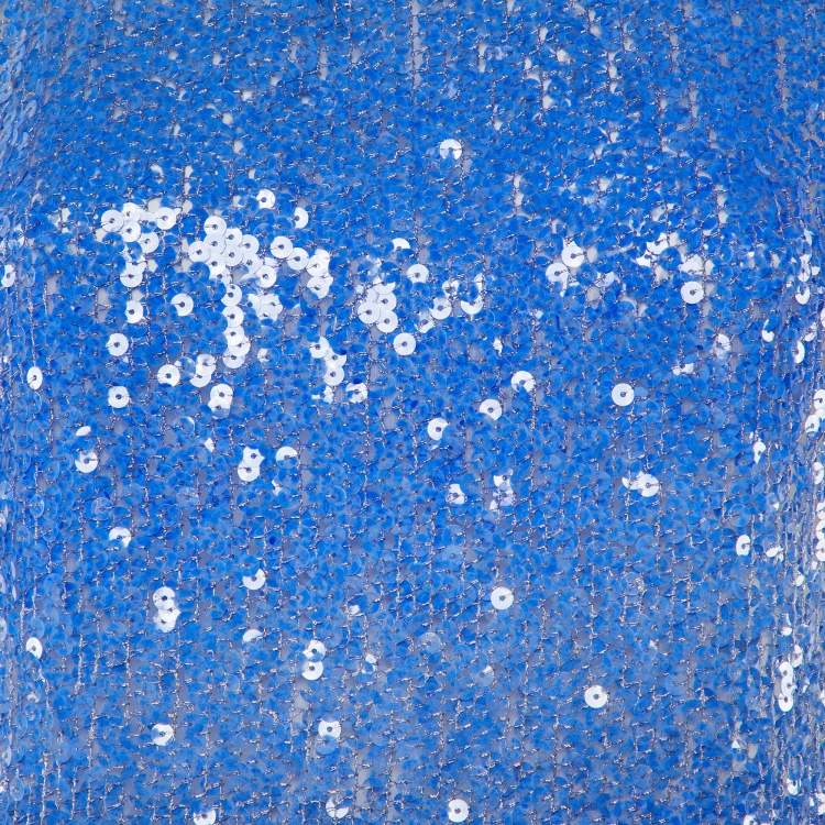 Pre Owned Chanel Blue/White Sequined Short Sleeve Top S
