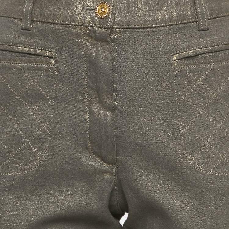 Pre Owned Chanel Grey Pearl Effect Denim Jeans M Waist 32"