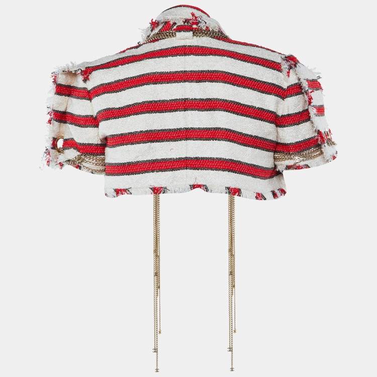Pre Owned Chanel Red & Off White Tweed CC Logo Chain Detail Frayed Cropped Jacket M