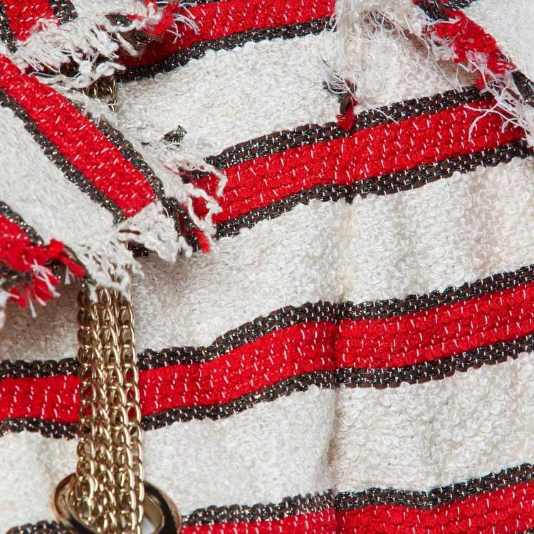 Pre Owned Chanel Red & Off White Tweed CC Logo Chain Detail Frayed Cropped Jacket M