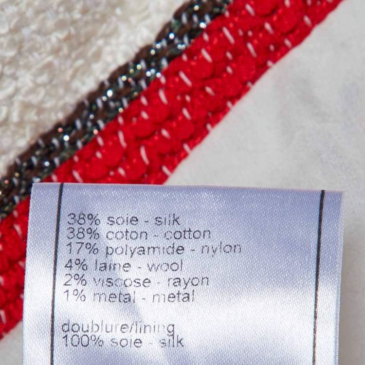 Pre Owned Chanel Red & Off White Tweed CC Logo Chain Detail Frayed Cropped Jacket M