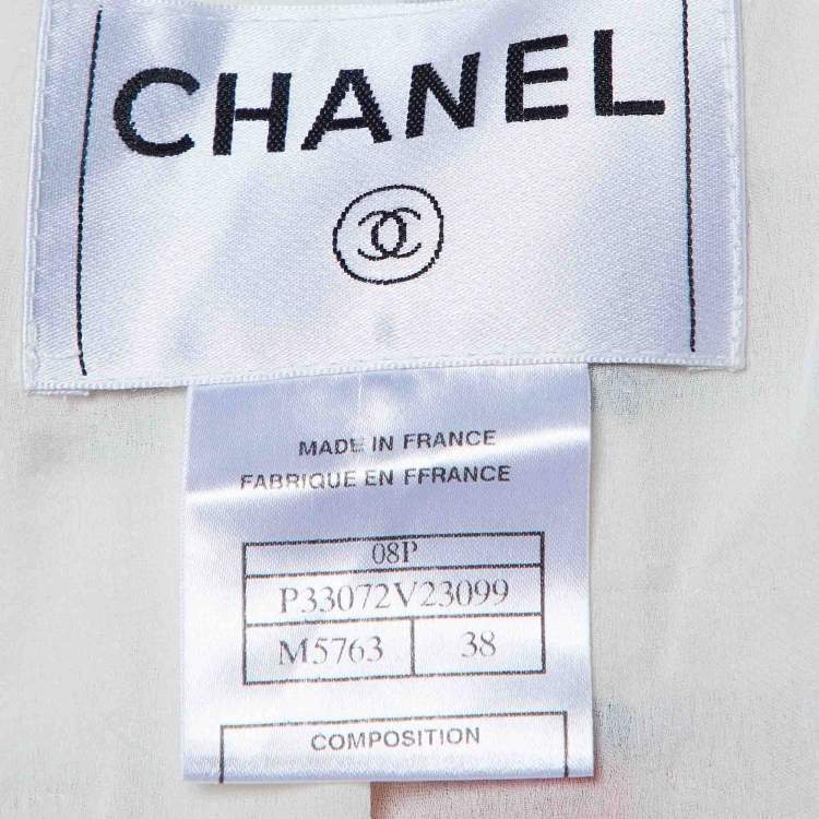 Pre Owned Chanel Red & Off White Tweed CC Logo Chain Detail Frayed Cropped Jacket M