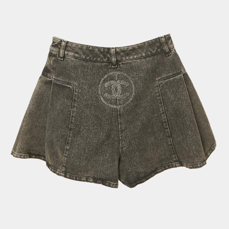 Pre Owned Chanel Grey Logo Embroidered Flared Denim Shorts S Waist 26"