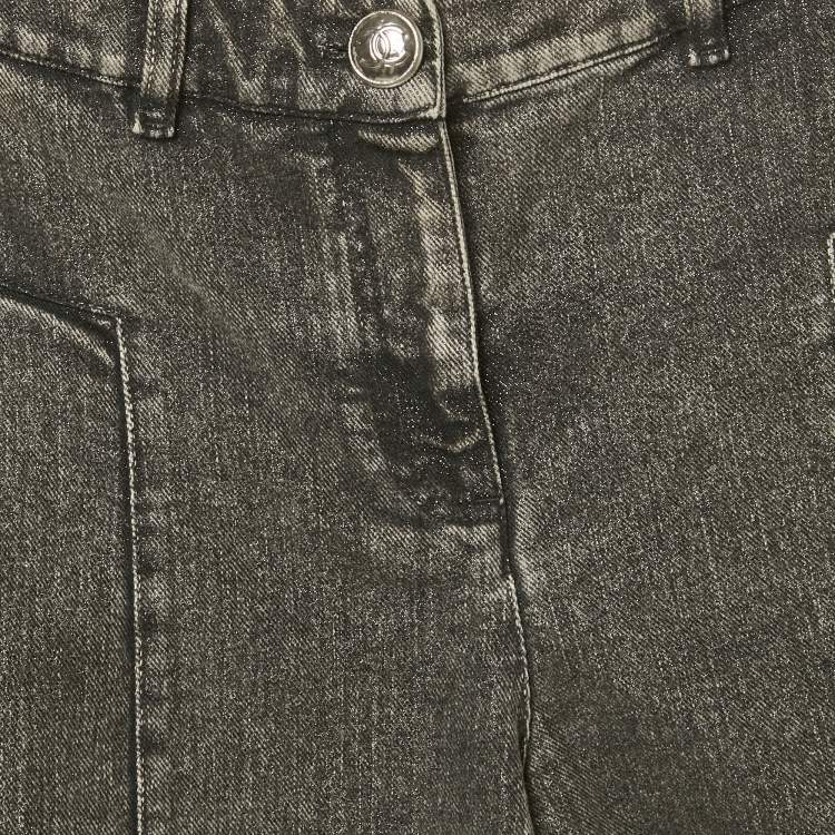 Pre Owned Chanel Grey Logo Embroidered Flared Denim Shorts S Waist 26"