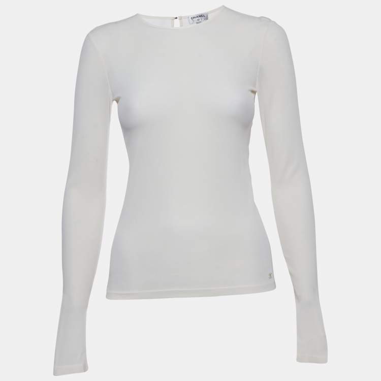 Pre Owned Chanel White Silk Logo Metal Detail Long Sleeve Top S