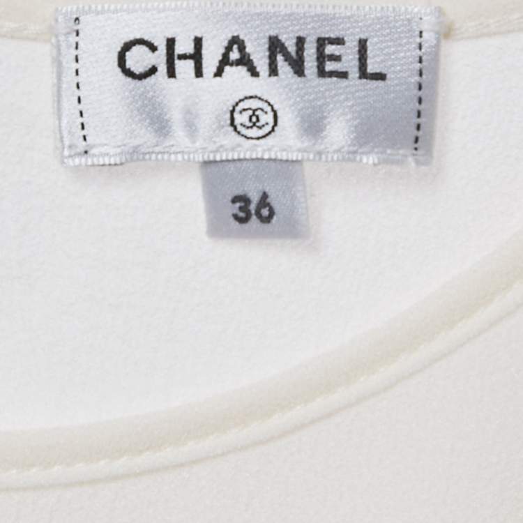 Pre Owned Chanel White Silk Logo Metal Detail Long Sleeve Top S