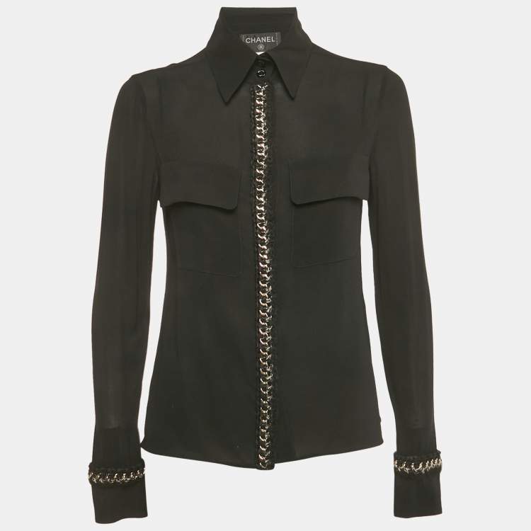 Pre Owned Chanel Black Stretch Silk Tweed and Chain Trimmed Button Front Blouse M
